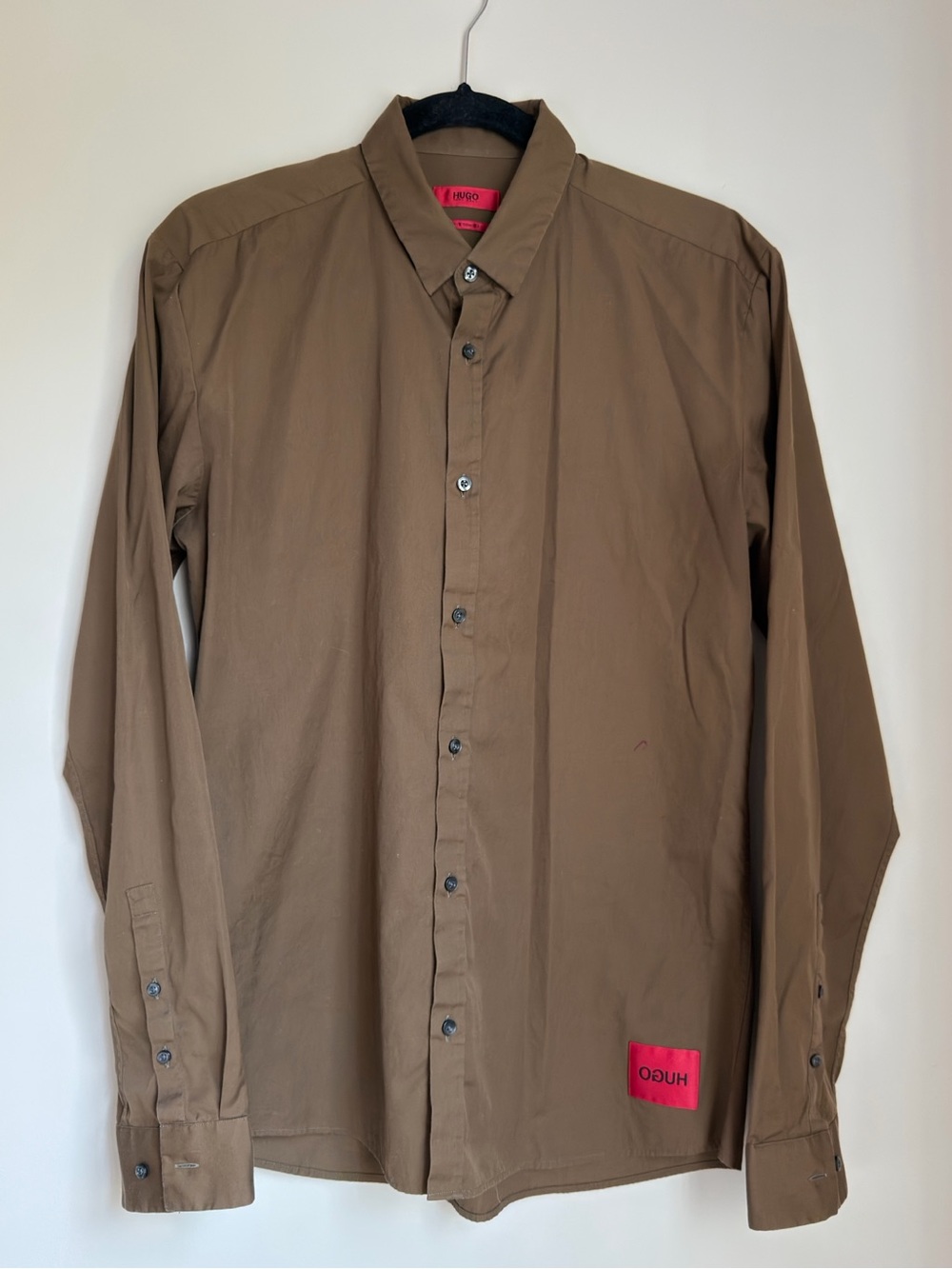 Hugo Boss Men's Brown Button Front Dress Shirt with Pink Logo Patch